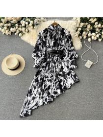 Outlet high neck pleated dress Korean fashion temperament printing holiday beach dress