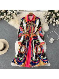 Outlet fashion temperament lapel slimming long dress ladies printed pleated dress