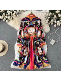 Outlet fashion temperament lapel slimming long dress ladies printed pleated dress