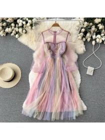 Outlet Vintage style rainbow gradient color slim mesh temperament dress