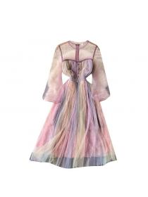 Outlet Vintage style rainbow gradient color slim mesh temperament dress