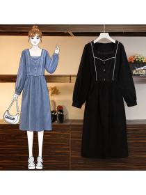 [L-4XL]Spring New Plus-size Women's Square-neck Long-sleeved Dress