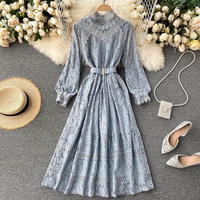 Outlet Hollow slim autumn and winter long lace tender dress