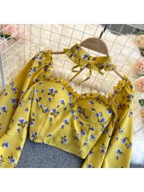 Outlet Floral tops puff sleeve chiffon shirt for women