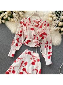 On Sale Wood ear short chiffon shirt autumn skirt 2pcs set for women