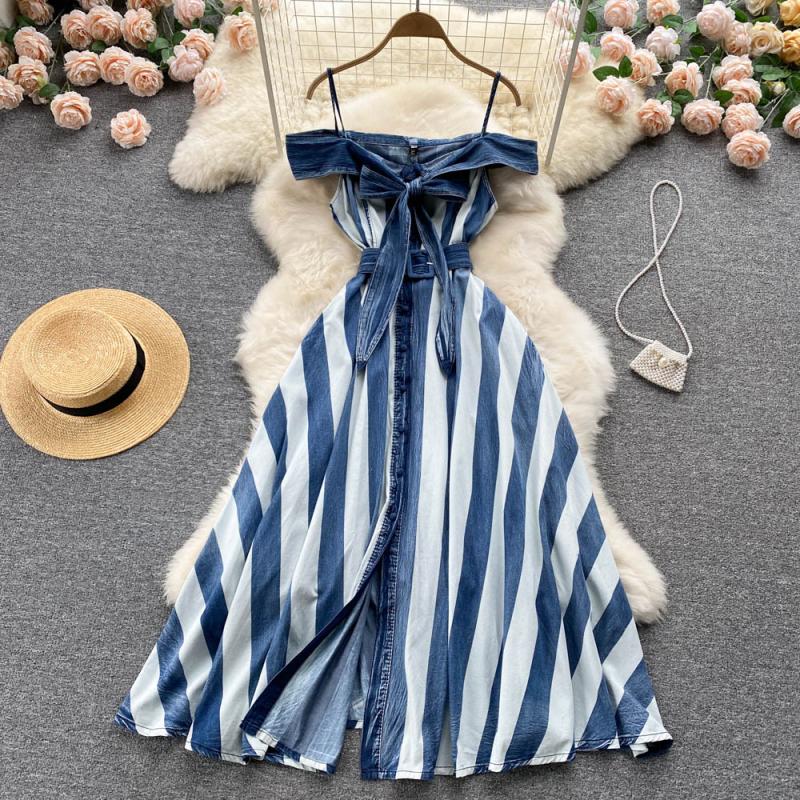 Outlet Strapless flat shoulder long dress fashion stripe dress