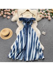 Outlet Strapless flat shoulder long dress fashion stripe dress