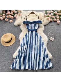 Outlet Strapless flat shoulder long dress fashion stripe dress