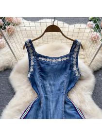 Outlet Summer slim sling strap dress denim embroidery dress