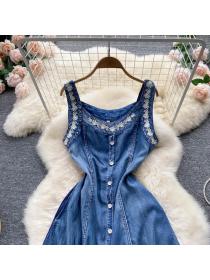 Outlet Summer slim sling strap dress denim embroidery dress