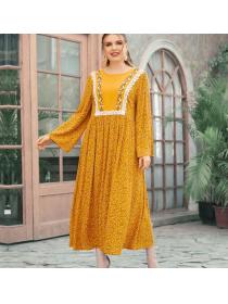 Outlet Large yard printing embroidered lace yellow dress