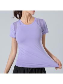 Spring and summer yoga sports fitness top round-neck mesh breathable quick-drying short-sleeved tight elastic T-shirt