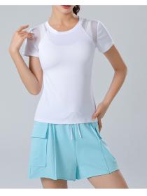 Spring and summer yoga sports fitness top round-neck mesh breathable quick-drying short-sleeved tight elastic T-shirt
