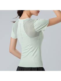 Spring and summer yoga sports fitness top round-neck mesh breathable quick-drying short-sleeved tight elastic T-shirt