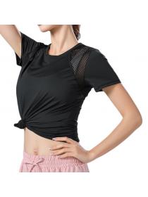 Spring and summer yoga sports fitness top round-neck mesh breathable quick-drying short-sleeved tight elastic T-shirt