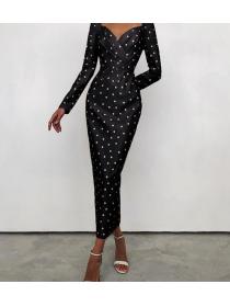 French Retro Female slim   polka dot print bag hip Dress