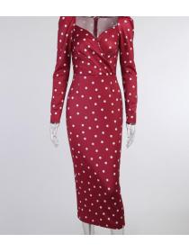 French Retro Female slim   polka dot print bag hip Dress