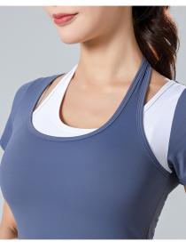 Spring and summer yoga sports fitness top women's running elastic quick-drying tight short-sleeved top fake two-piece ma