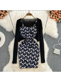 Outlet European Style Sleeveless knitted dress sling fashion cardigan 2pcs set