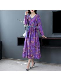 Outlet Purple fashionable slim long sleeve printing dress
