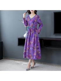 Outlet Purple fashionable slim long sleeve printing dress