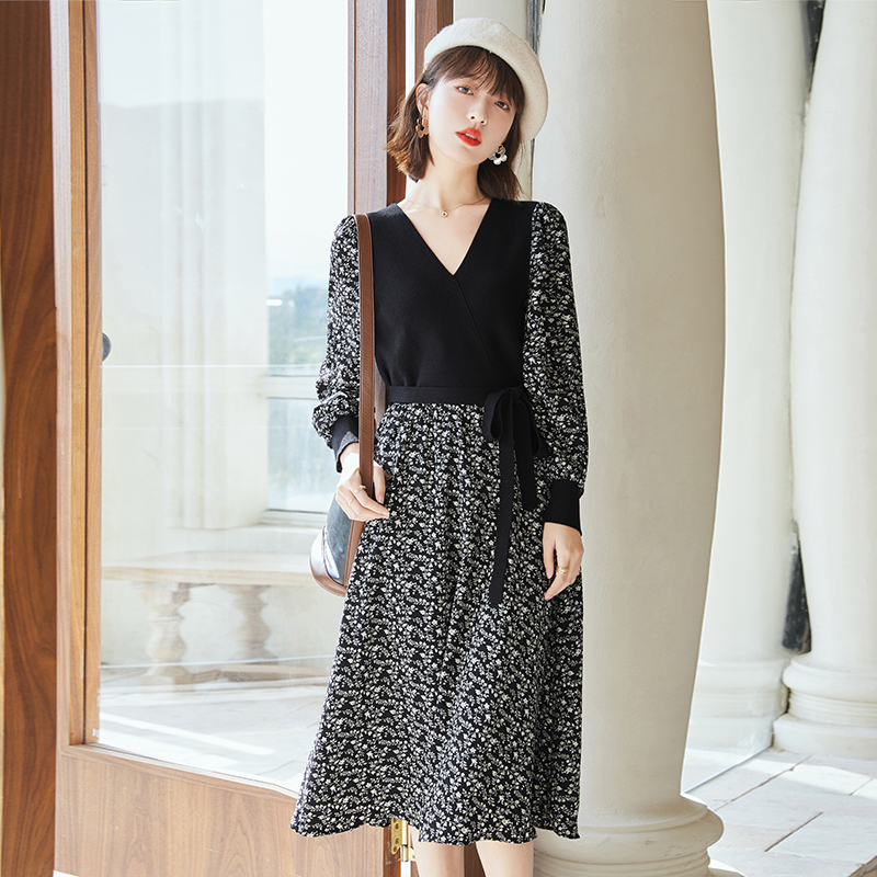 Outlet Pseudo-two France style long dress spring knitted dress