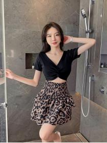Outlet Leopard spicegirl small skirt retro tops 2pcs set