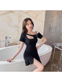 Outlet Lotus leaf edges tight sexy pure cotton hollow dress