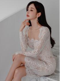 Korean style temperament slim  lace stitching mesh gauze  hip Dress