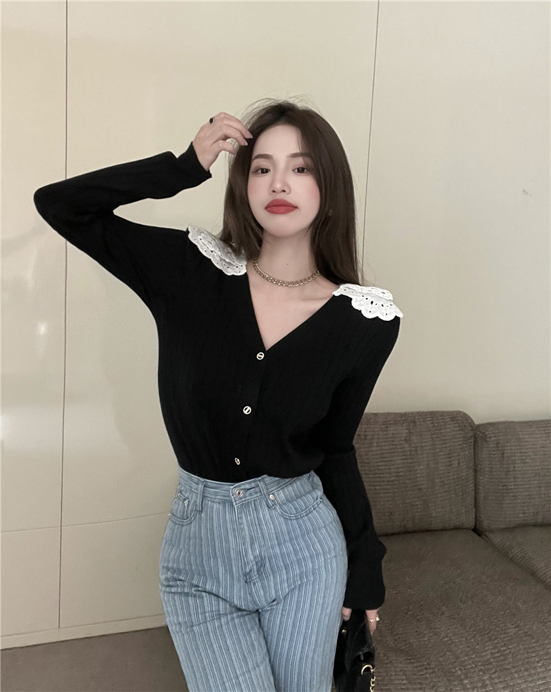 Outlet Knitted crochet tops V-neck small lapel clavicle