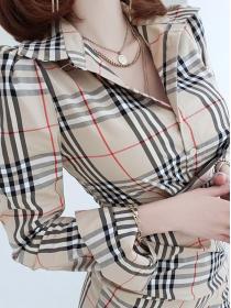 Korean Temperament Self-cultivation Plaid Bottoming   Pleated Hip Dress 