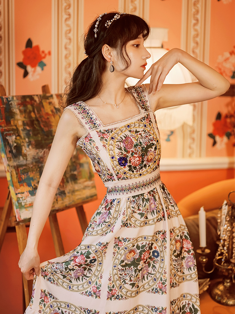 Outlet Floral print retro beading stereoscopic strap dress