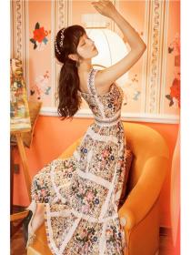 Outlet Floral print retro beading stereoscopic strap dress