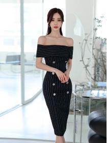 Korean Style Off Collars Stripe Sexy Slim Dress