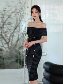 Korean Style Off Collars Stripe Sexy Slim Dress