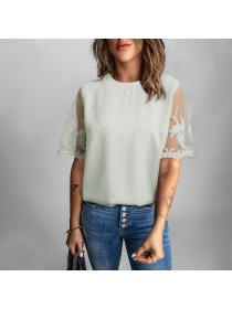 Outlet Spring new Roundr-neckline Chiffon slim-fit short-sleeved T-shirt
