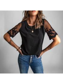 Outlet Spring new Roundr-neckline Chiffon slim-fit short-sleeved T-shirt