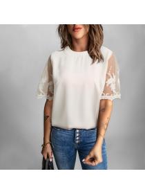 Outlet Spring new Roundr-neckline Chiffon slim-fit short-sleeved T-shirt