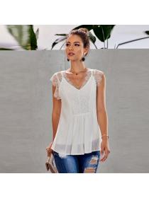 Outlet European fashion V-neck lace regular pleated top