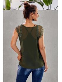 Outlet European fashion V-neck lace regular pleated top