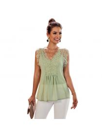 Outlet European fashion V-neck lace regular pleated top