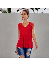 Outlet European fashion V-neck lace regular pleated top