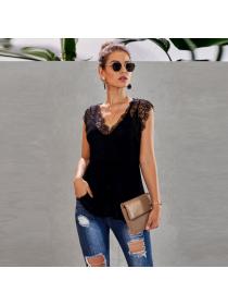 Outlet European fashion V-neck lace regular pleated top