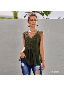 Outlet European fashion V-neck lace regular pleated top