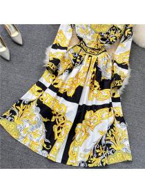 On Sale Pinched waist retro long dress printing big skirt dress