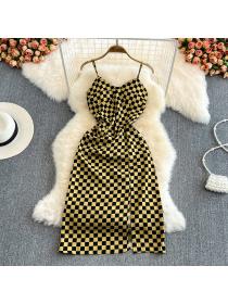 On Sale Summer V-neck chessboard halter split long temperament dress