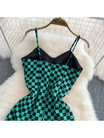 On Sale Summer V-neck chessboard halter split long temperament dress