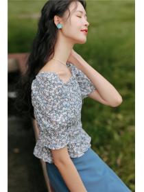 Outlet Summer floral short sleeve flat shoulder shirt
