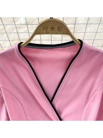 On Sale Slim frenum mixed colors Korean style V-neck dress