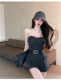 Outlet Summer wrapped chest with belt jumpsuit wide leg denim shorts